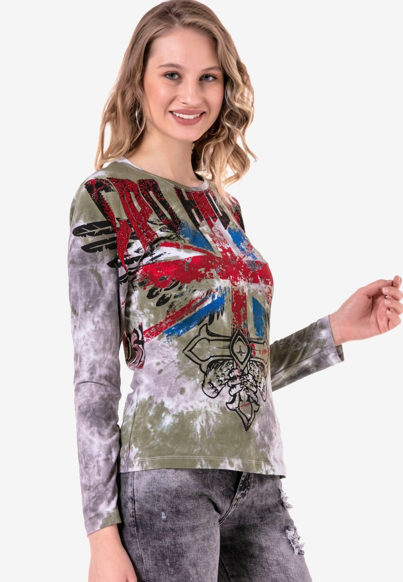 WL282 women long -sleeved shirt with trendy glitter stone