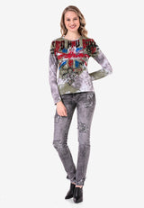 WL282 Maglia da donna con grande stampa e glitter