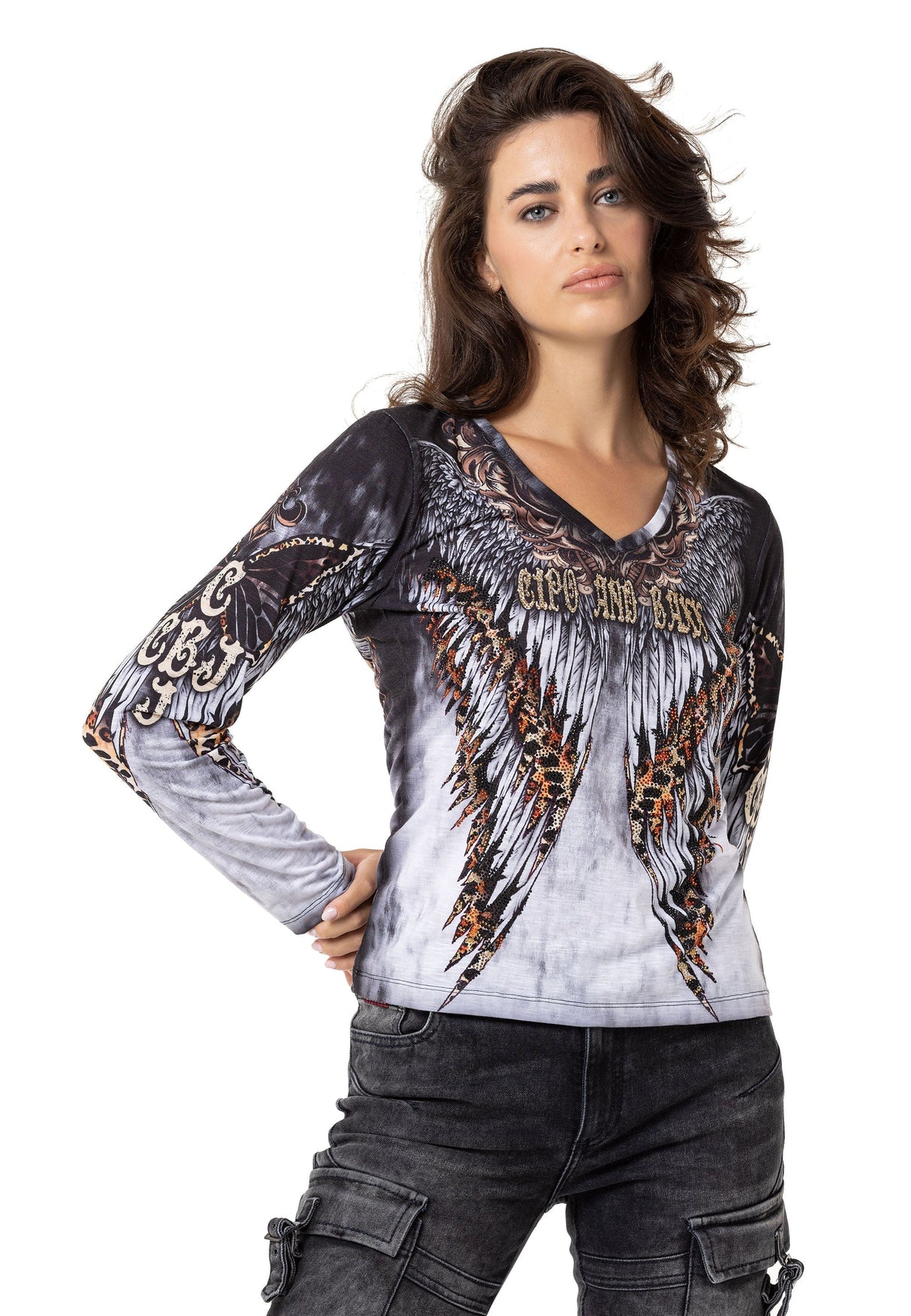 WL353 women's long-sleeved shirt with cool all-over print and rhinestones