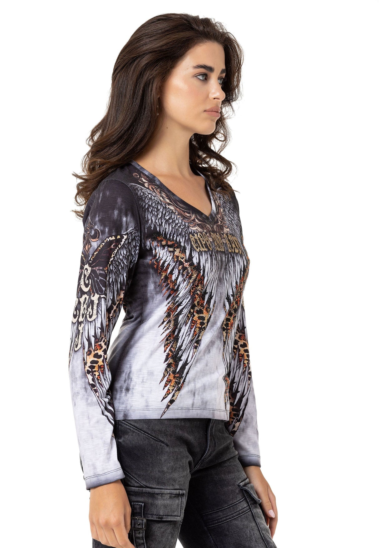 WL353 women's long-sleeved shirt with cool all-over print and rhinestones