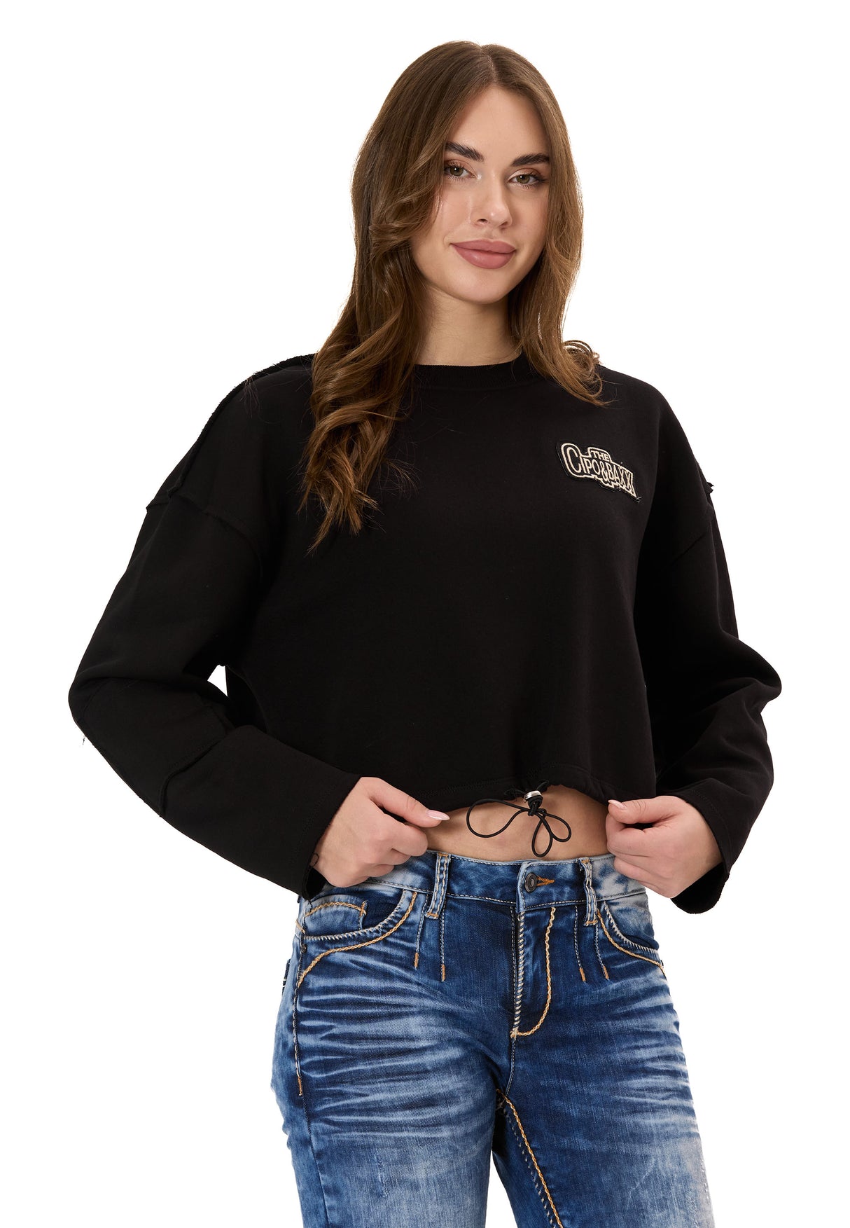 WL370 Donna Cropped Felpa – Schwarzes Kurzpullover mit Tunnelzug & Logo-Print | Stylischer Streetwear-Look für Alltag & Freizeit