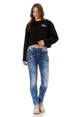 WL370 Donna Cropped Felpa – Schwarzes Kurzpullover mit Tunnelzug & Logo-Print | Stylischer Streetwear-Look für Alltag & Freizeit