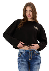 WL370 Donna Cropped Felpa – Schwarzes Kurzpullover mit Tunnelzug & Logo-Print | Stylischer Streetwear-Look für Alltag & Freizeit