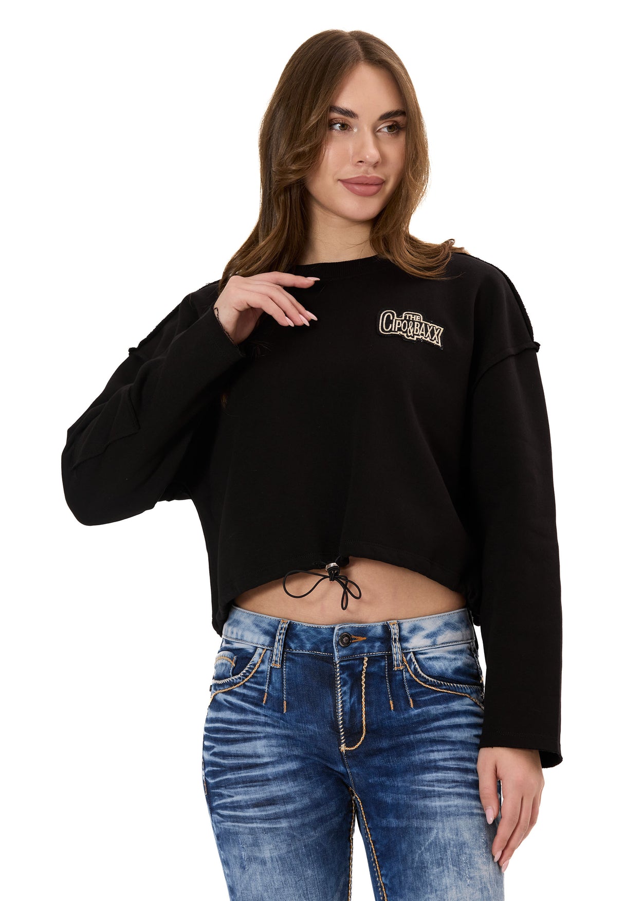 WL370 Donna Cropped Felpa – Schwarzes Kurzpullover mit Tunnelzug & Logo-Print | Stylischer Streetwear-Look für Alltag & Freizeit