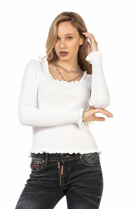 WP206 Damen Strickpullover mit gewelltem Rundhalsausschnitt