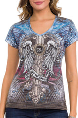 WT339 Ladies t-shirt winged cross patterned with rhinestones