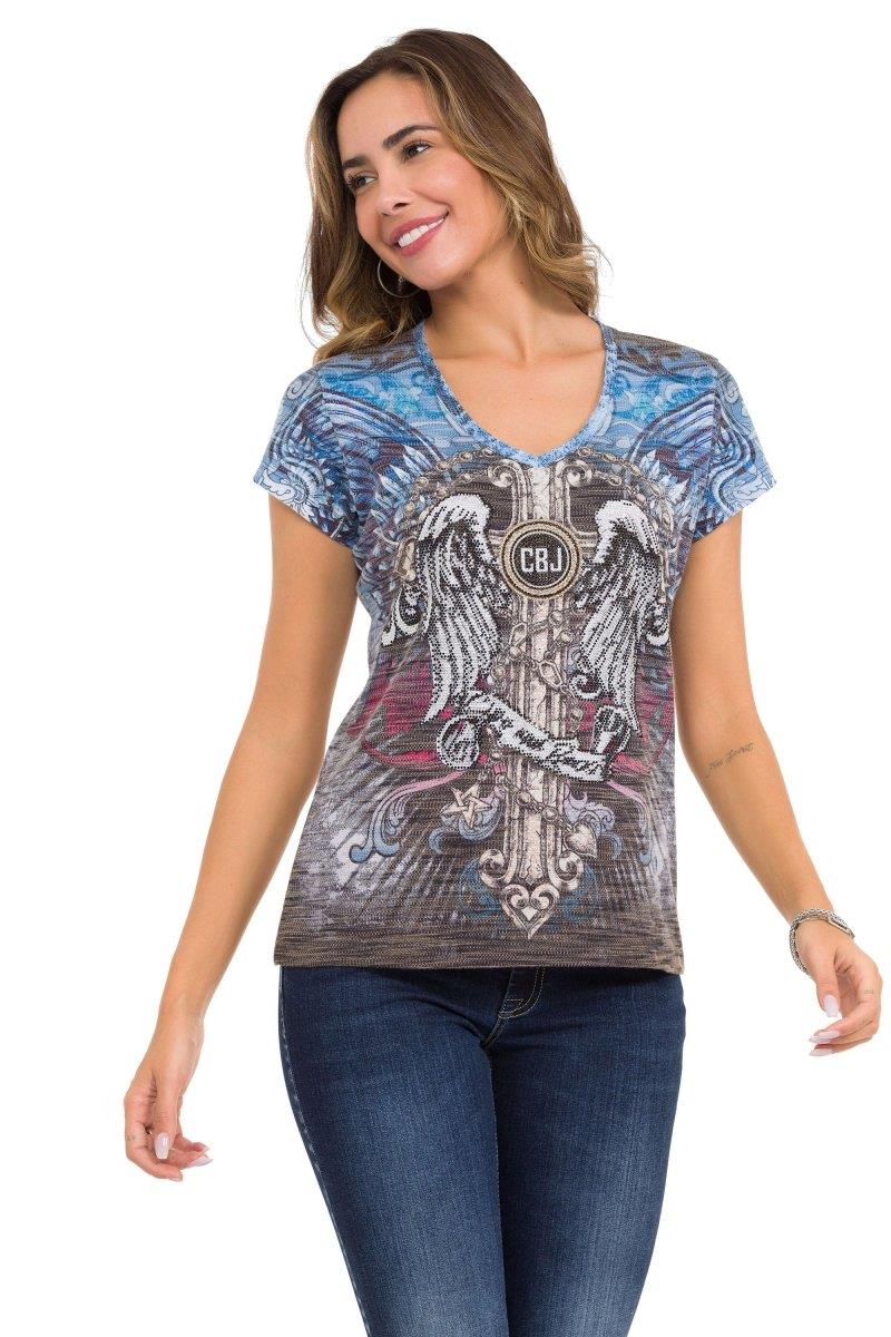 WT339 Ladies t-shirt winged cross patterned with rhinestones