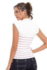 WT353 Ladies t-shirt polo neck striped knit fabric