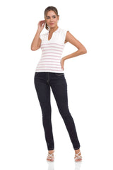 WT353 Ladies t-shirt polo neck striped knit fabric