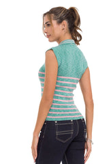 WT353 Ladies t-shirt polo neck striped knit fabric