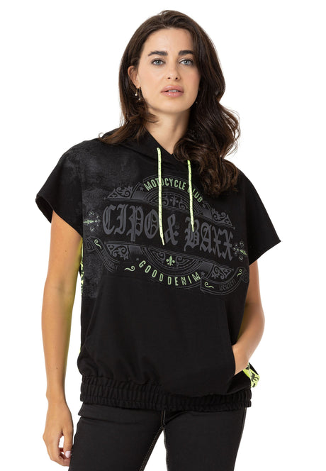 WT374 Women T-shirt Zero manica con cappuccio