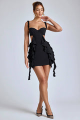 WY168 Letnia sukienka mini z falbanami i głębokim dekoltem